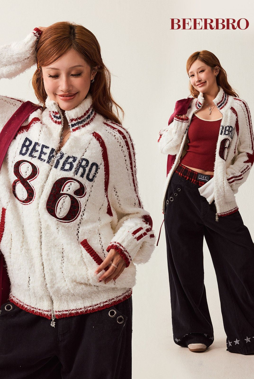 Beer Bro Varsity Patch Zip Up Cardigan in Off-White - On Model