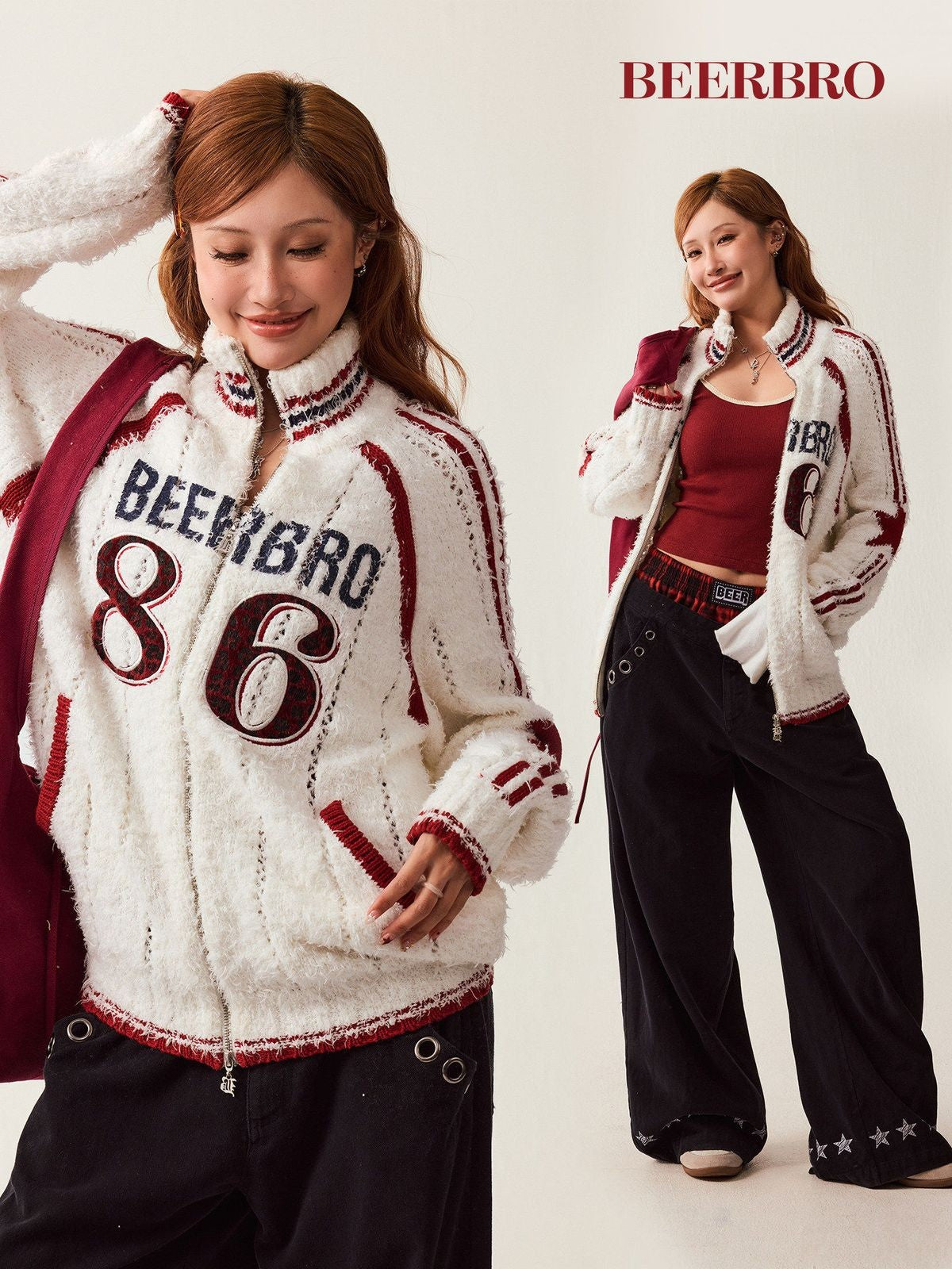 Beer Bro Varsity Patch Zip Up Cardigan in Off-White - On Model