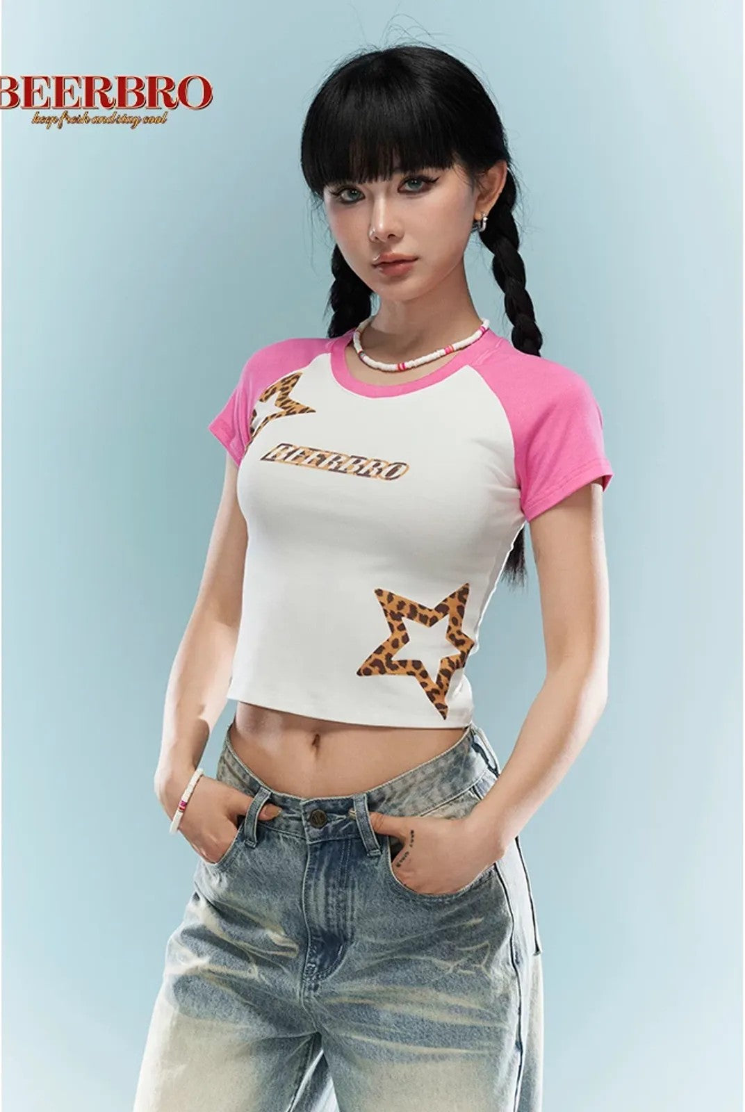 BeerBro Leopard Star Raglan Crop Top in White - On Model