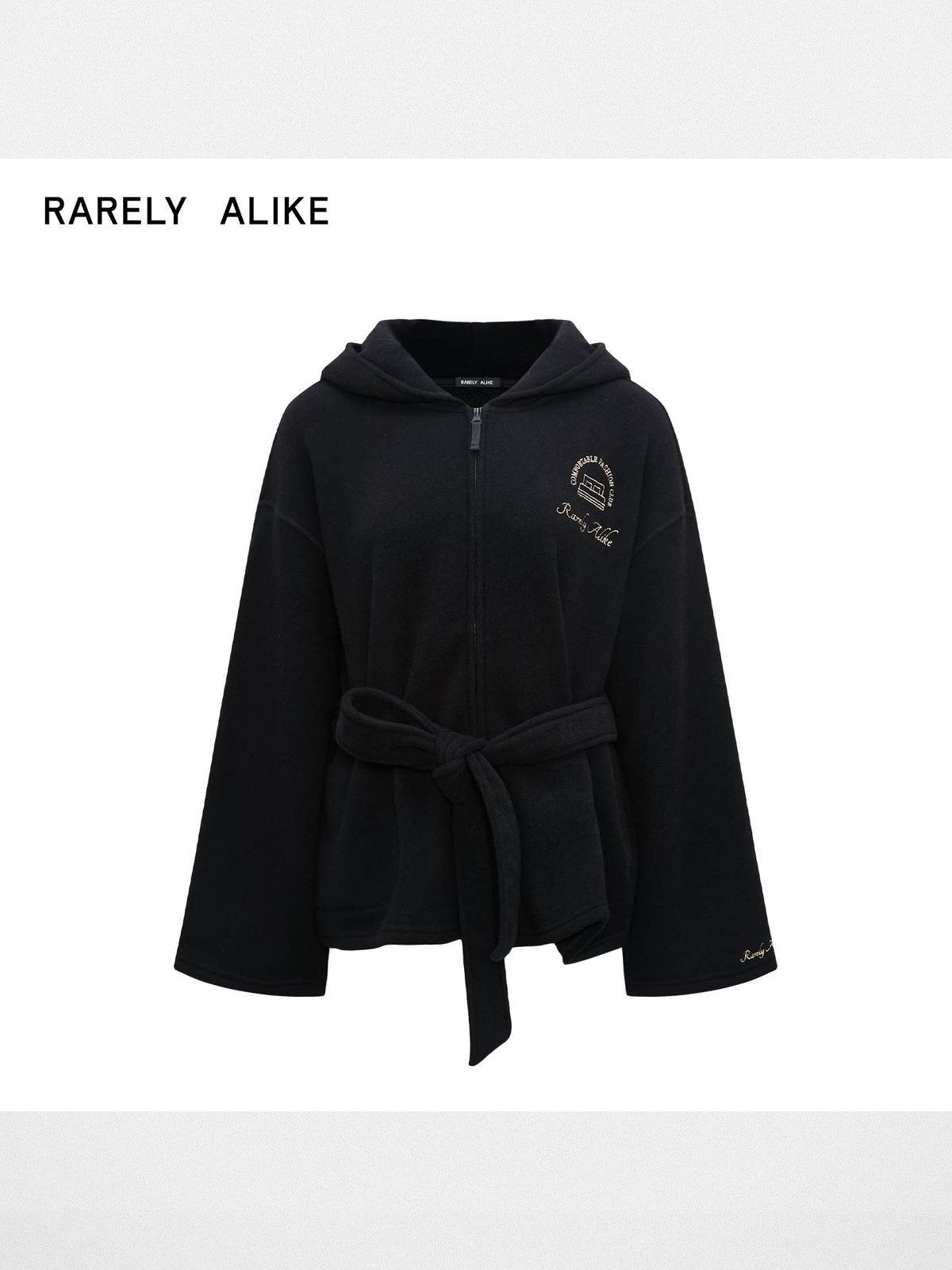 RARELY ALIKE Embroidered Hooded Robe Coat in Black