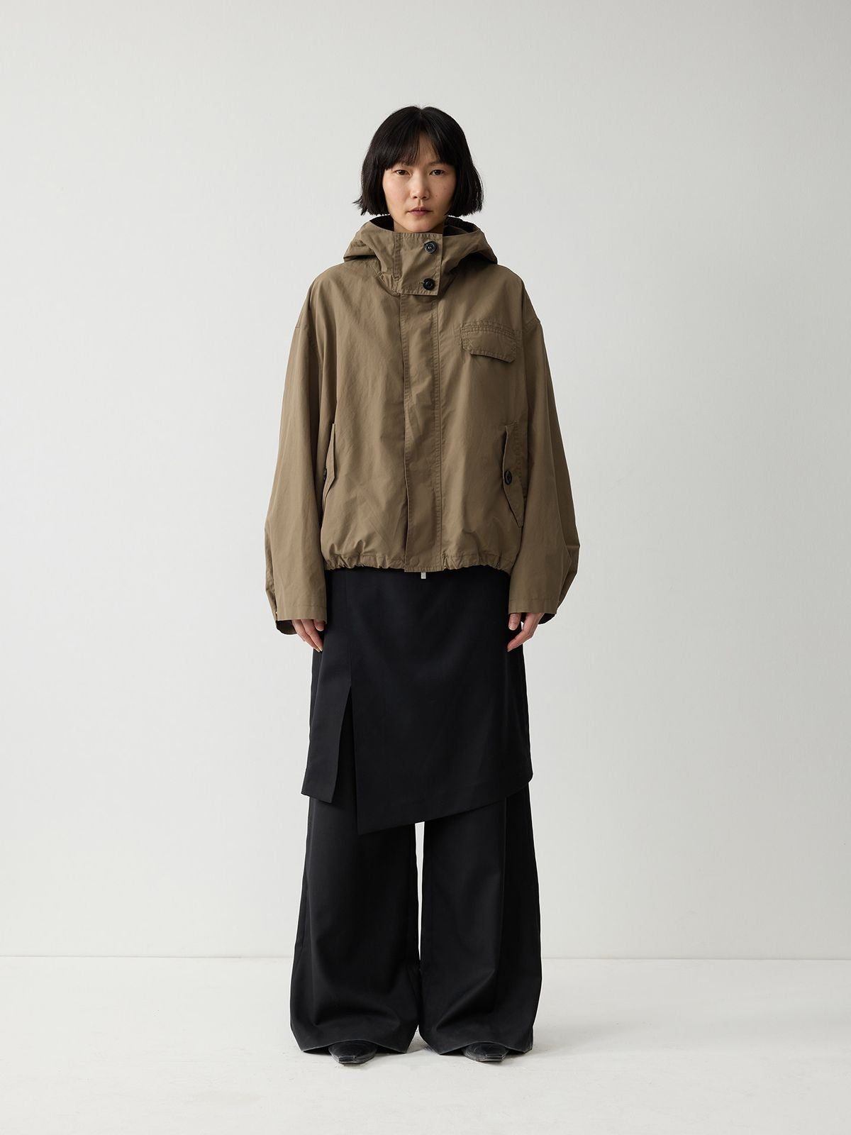 RandomPiece Boxy Cotton Blend Jacket in Olive - On Model