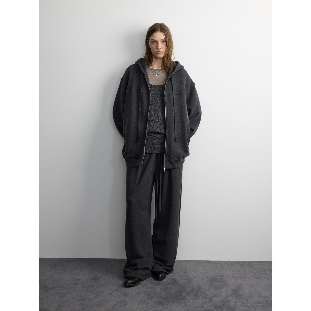 RandomPiece Wool Blend Wide Leg Sweatpants in Gray - On Model