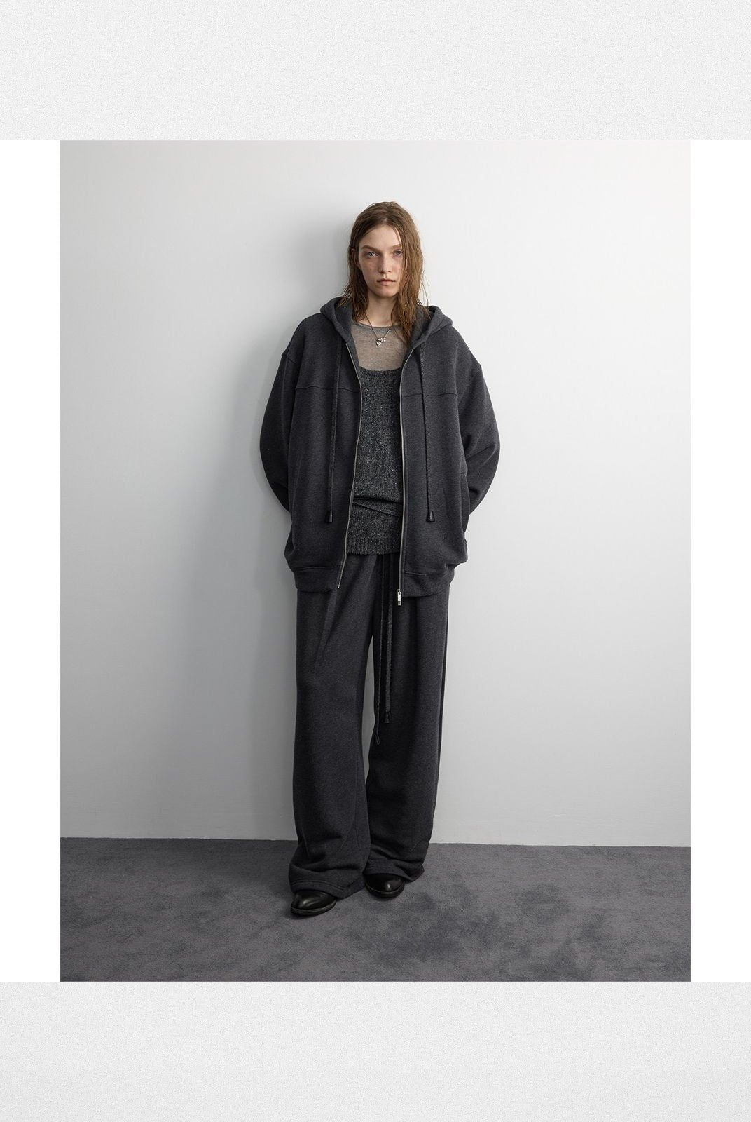 RandomPiece Wool Blend Wide Leg Sweatpants in Gray - On Model