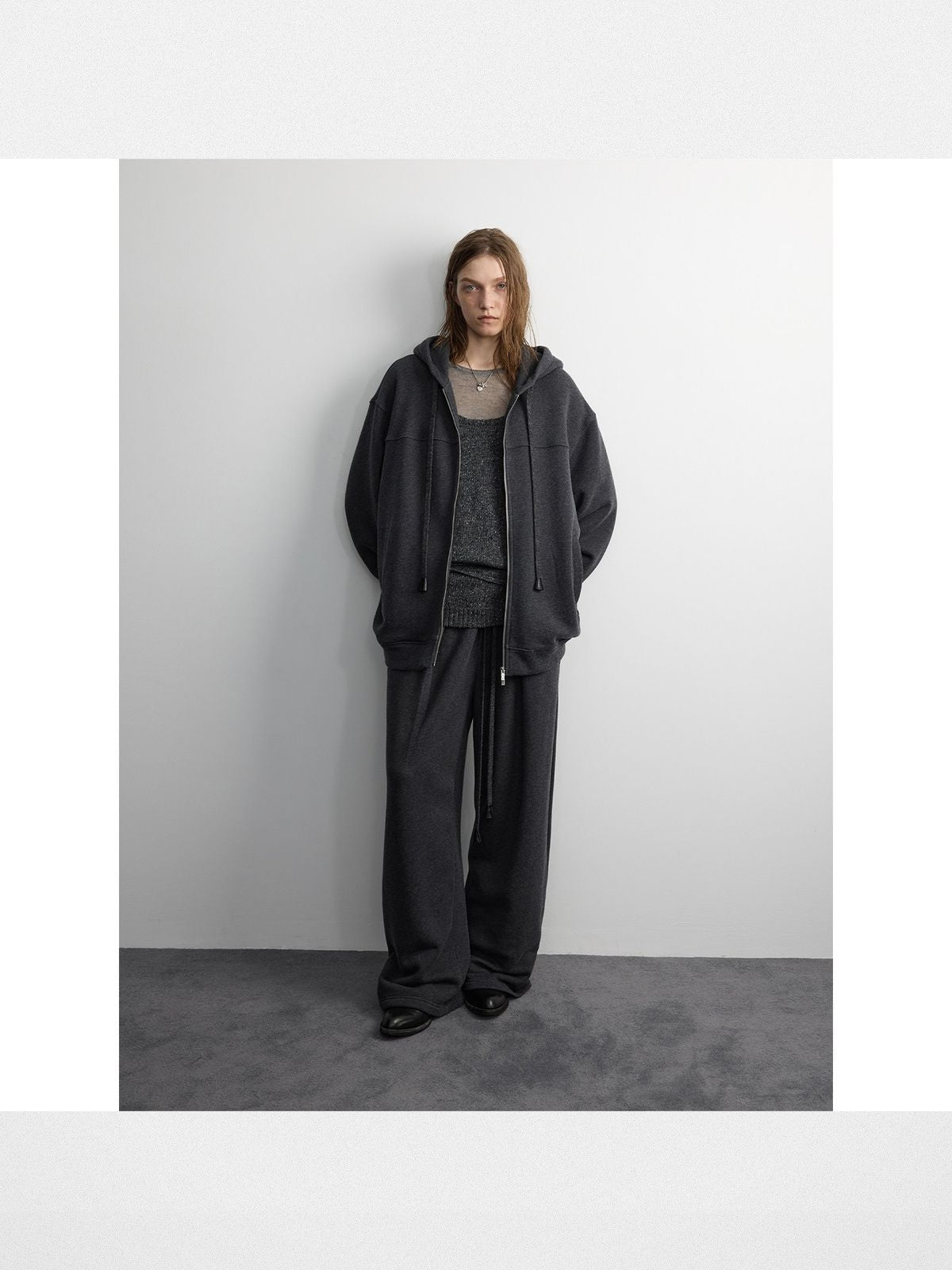 RandomPiece Wool Blend Wide Leg Sweatpants in Gray - On Model