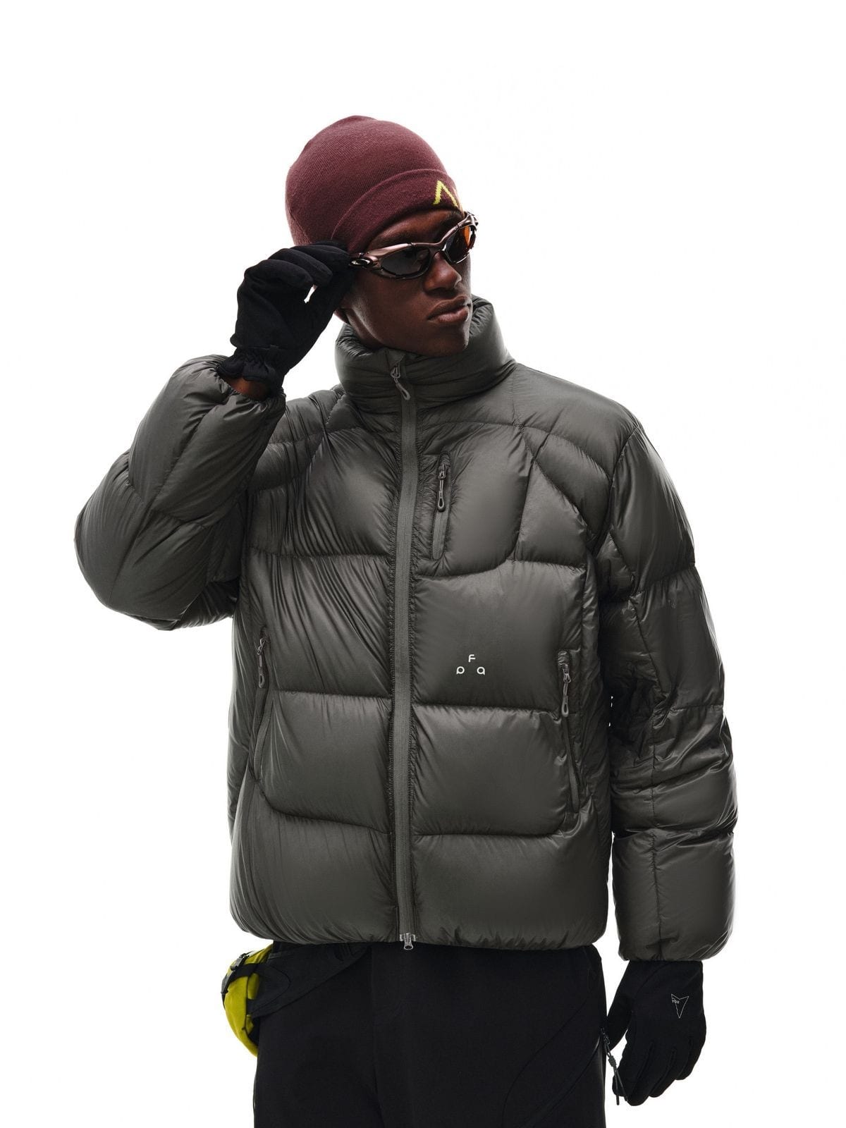 FPA Stand Collar Goose Down Puffer in Olive - On Male Model