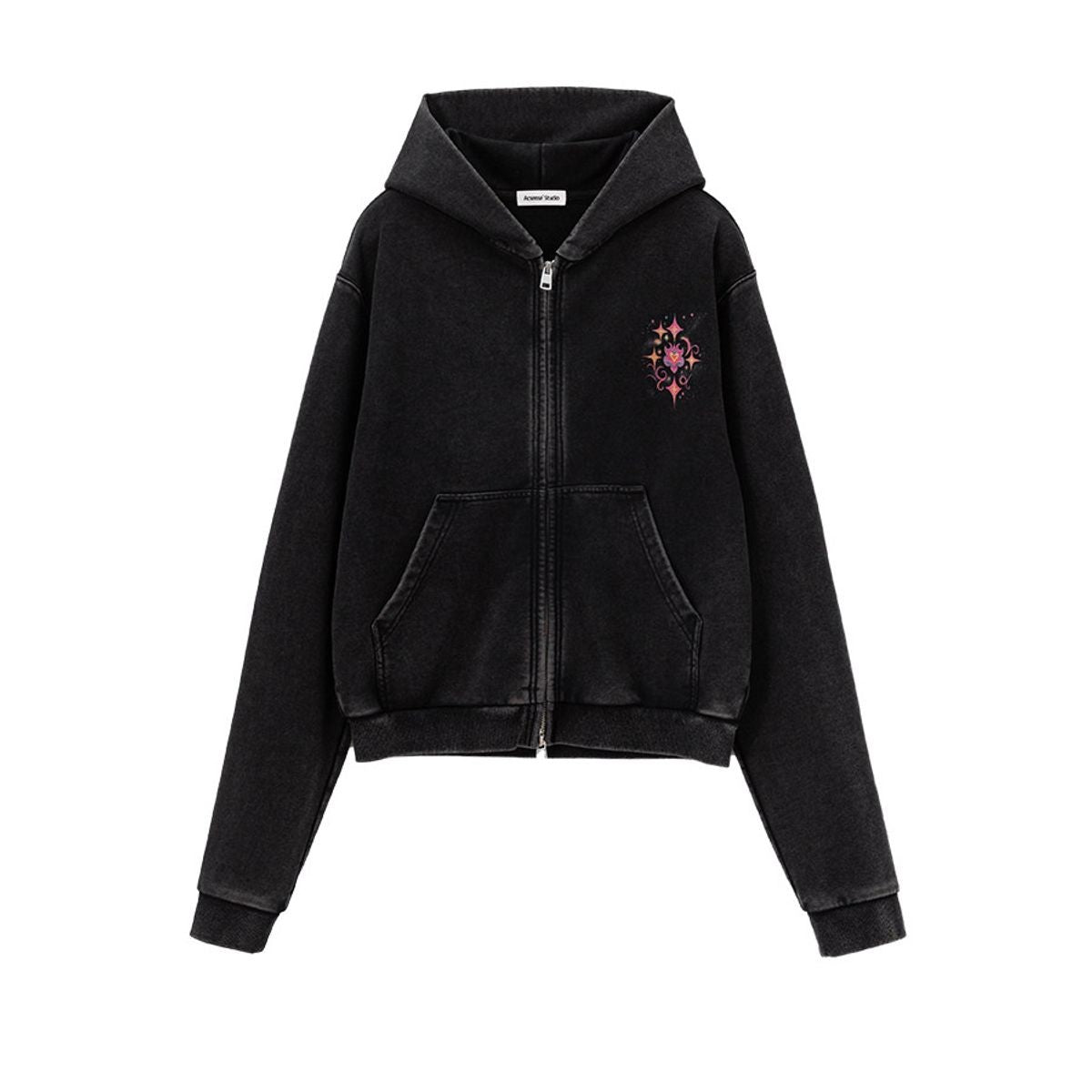 ACSENSE STUDIO Rhinestone Logo Zip Up Hoodie in Black