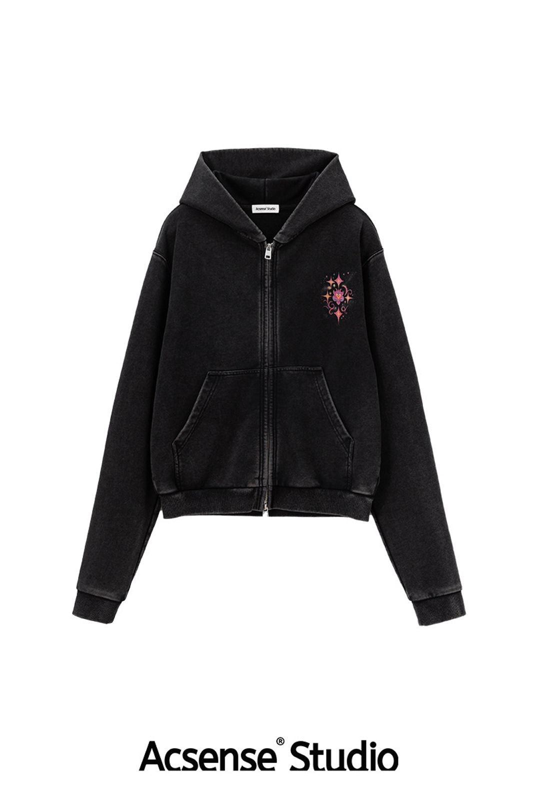 ACSENSE STUDIO Rhinestone Logo Zip Up Hoodie in Black