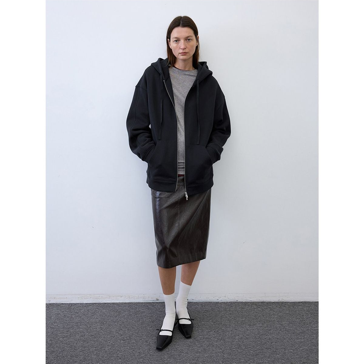 RandomPiece Cotton Lyocell Zip Up Hoodie in Black - On Model