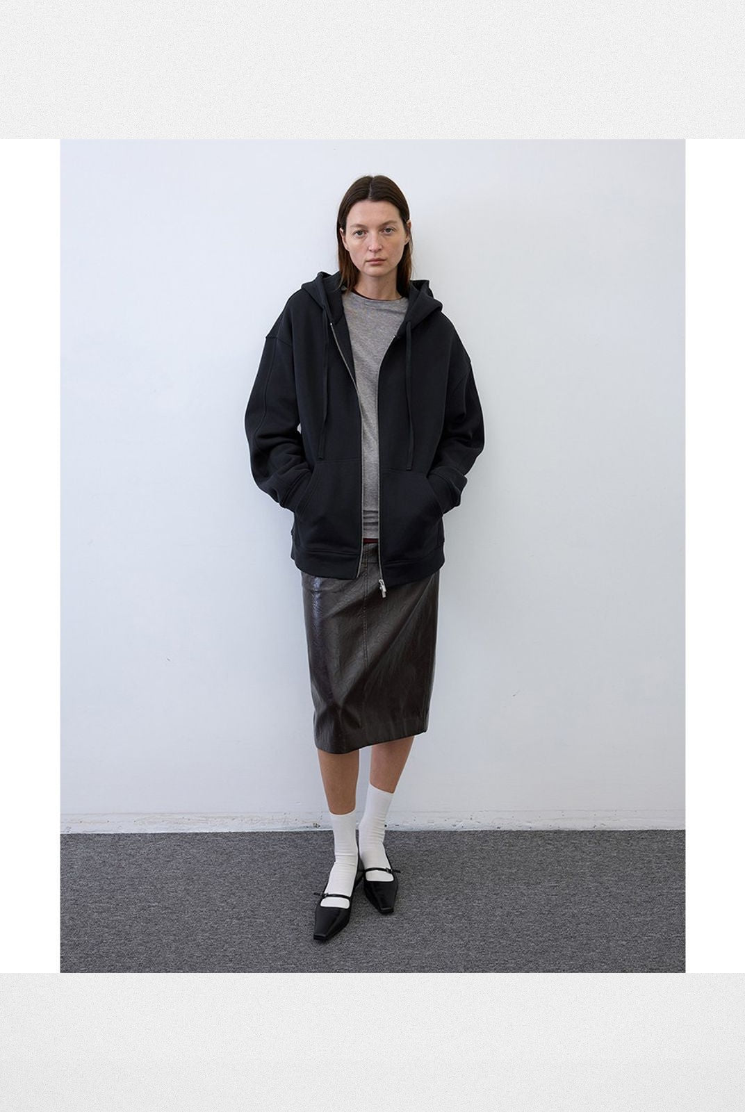 RandomPiece Cotton Lyocell Zip Up Hoodie in Black - On Model