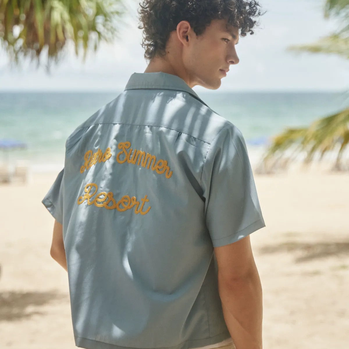 Retro 21 Chenille Embroidered Camp Collar Shirt in Blue - On Model