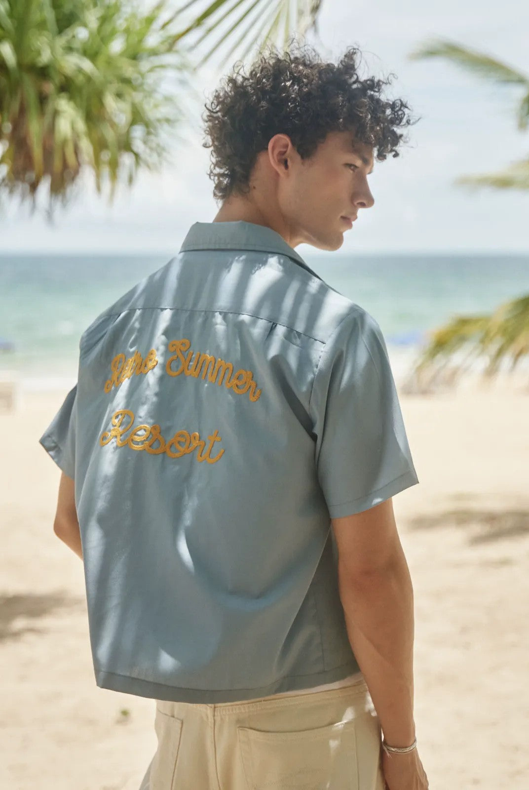 Retro 21 Chenille Embroidered Camp Collar Shirt in Blue - On Model