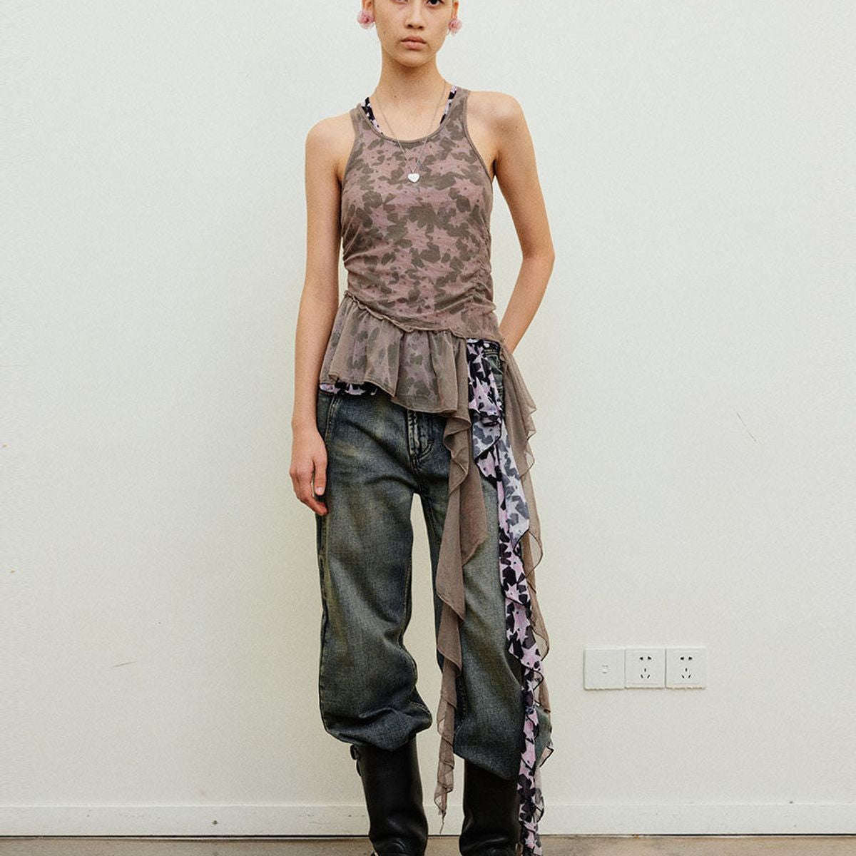 NeverSeez Asymmetric Mesh Streamer Tank in Gray - On Model