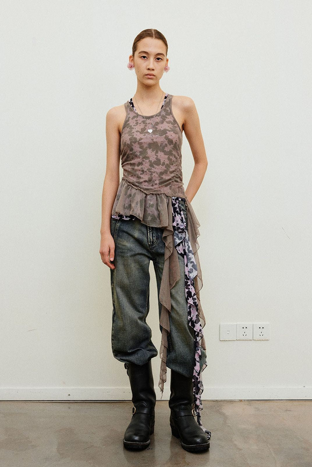 NeverSeez Asymmetric Mesh Streamer Tank in Gray - On Model