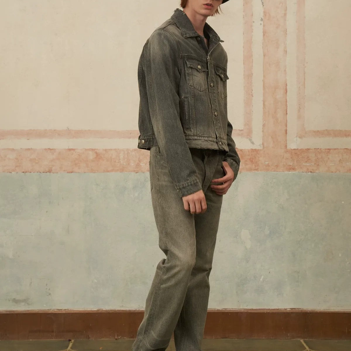 Retro 21 Distressed Gray Denim Jacket with Shoulder Pads in Gray - On Model