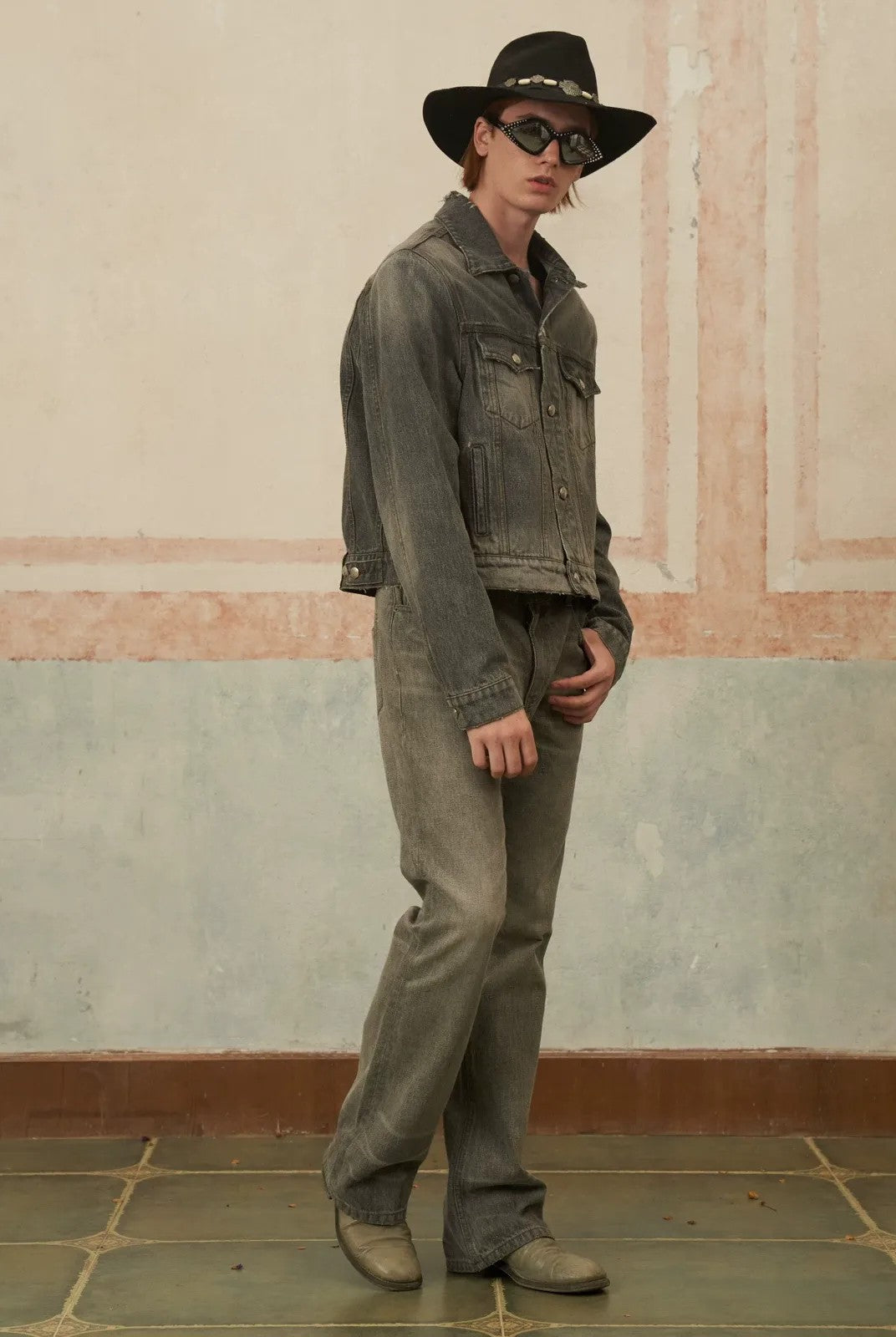 Retro 21 Distressed Gray Denim Jacket with Shoulder Pads in Gray - On Model