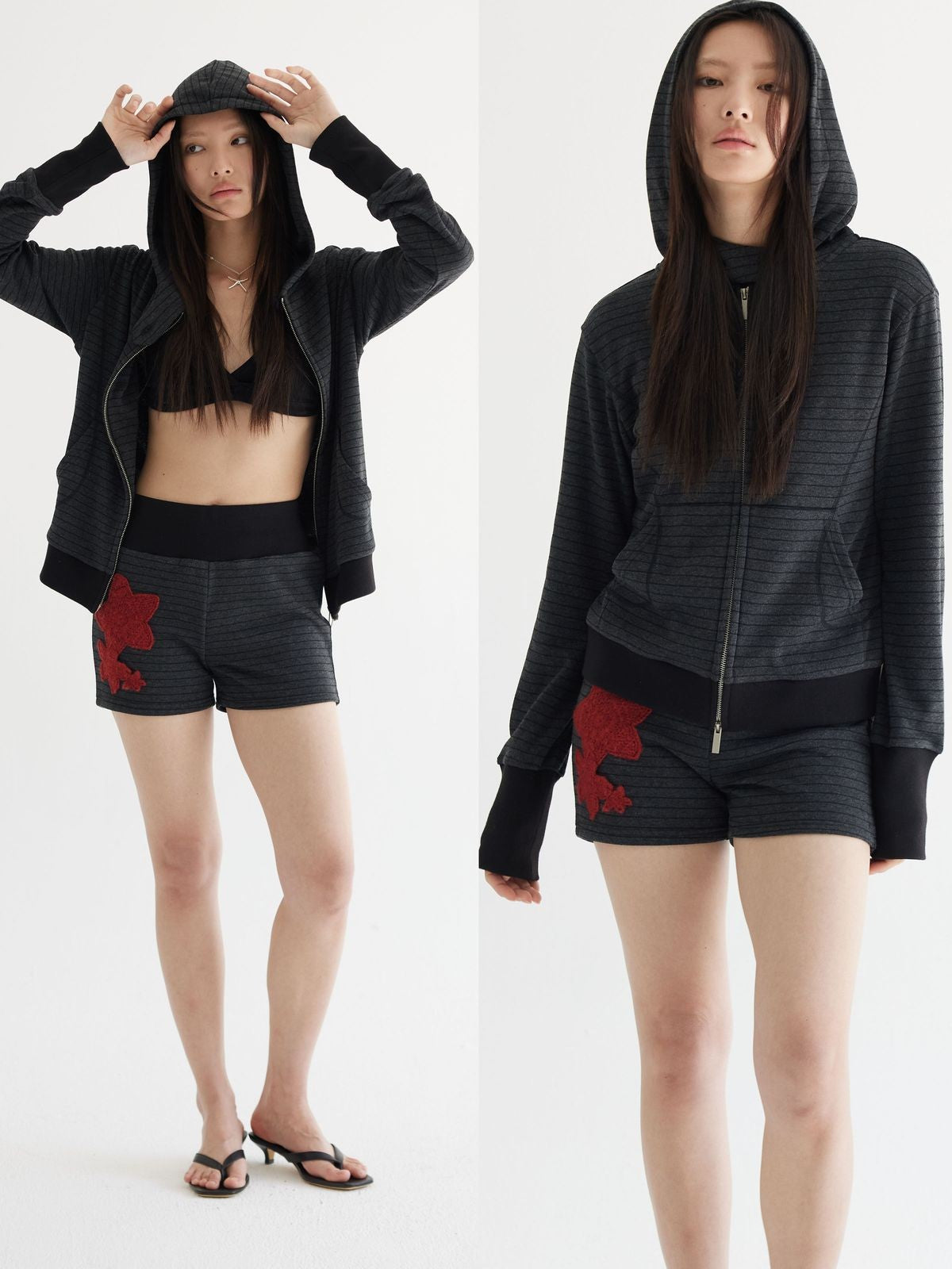 THELIGHT OFFICIAL Striped Zip Up Hoodie in Gray - On Model