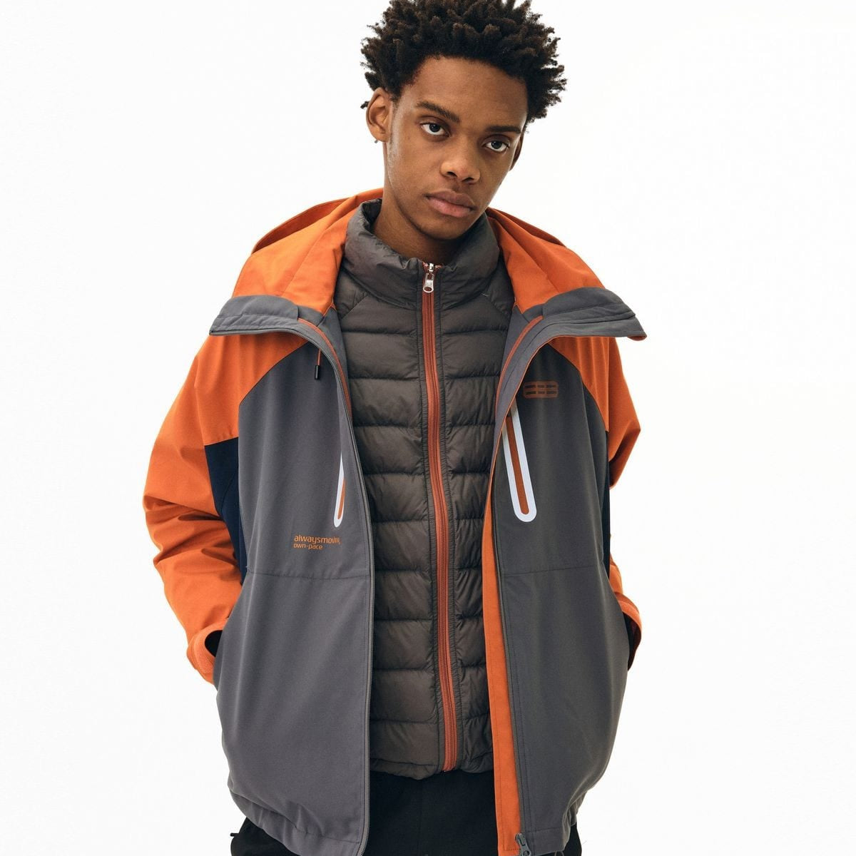 FPA 3 in 1 Hardshell Jacket Down Liner in Gray - On Male Model