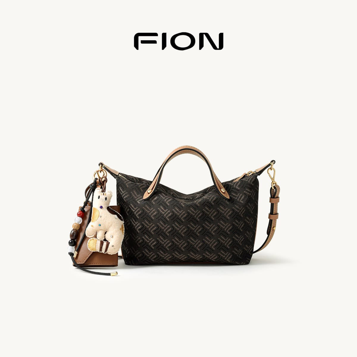 FION Small Woven Leather Trim Dumpling Tote in Brown