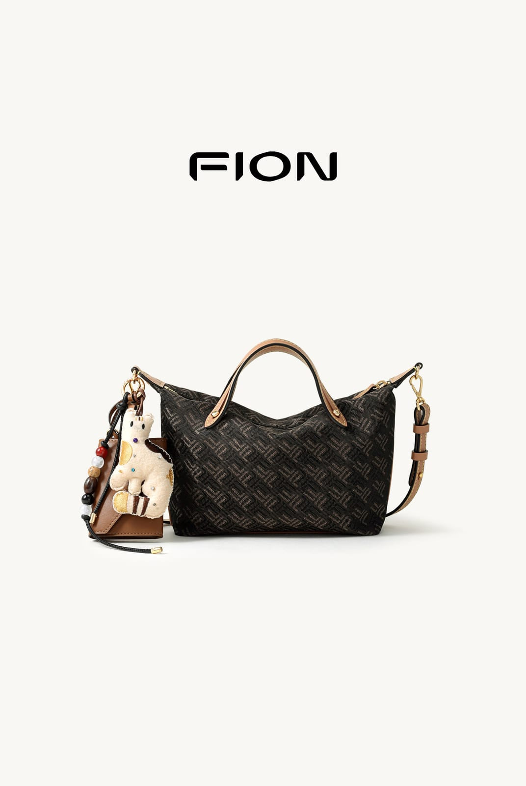 FION Small Woven Leather Trim Dumpling Tote in Brown