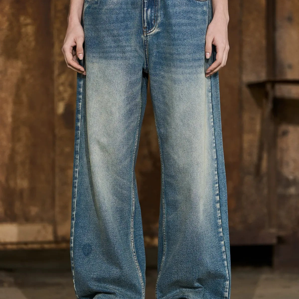 BLINDNOPLAN Distressed Washed Straight Leg Jeans in Blue - On Model
