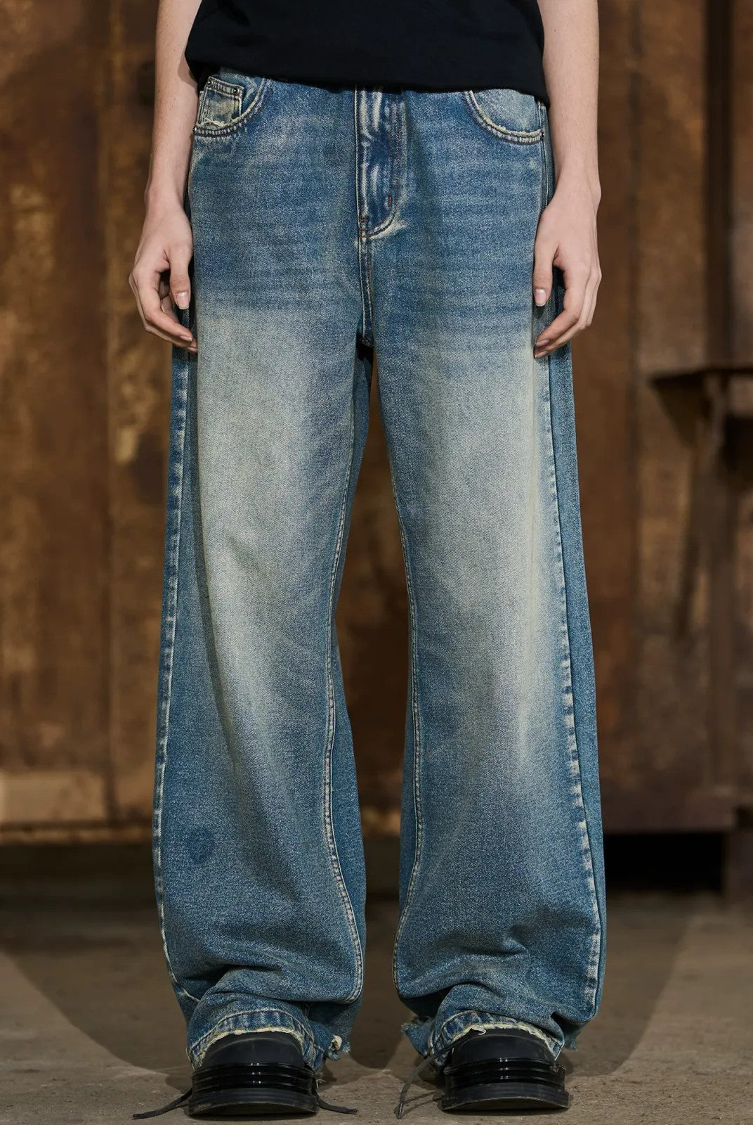 BLINDNOPLAN Distressed Washed Straight Leg Jeans in Blue - On Model
