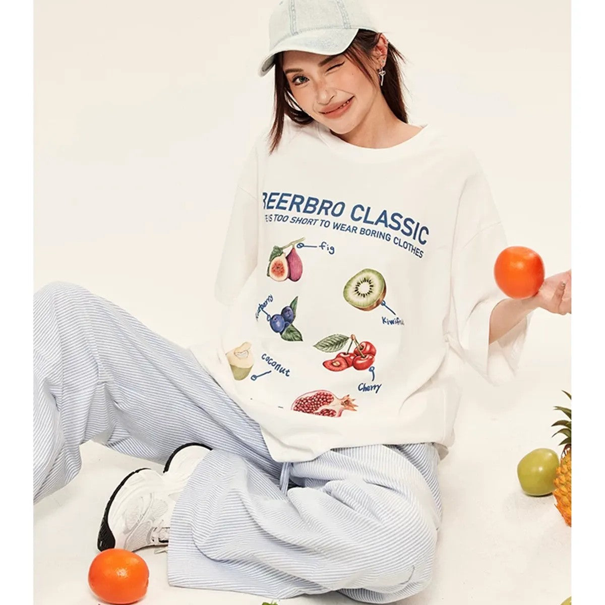 BeerBro Oversized Fruit Graphic Tee in White - On Model
