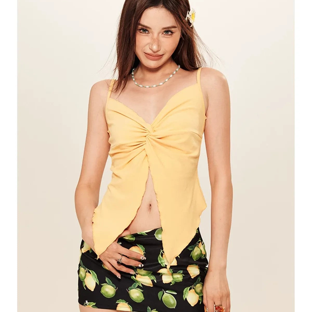 BeerBro Twist Knot Split Hem Camisole in Yellow - On Model