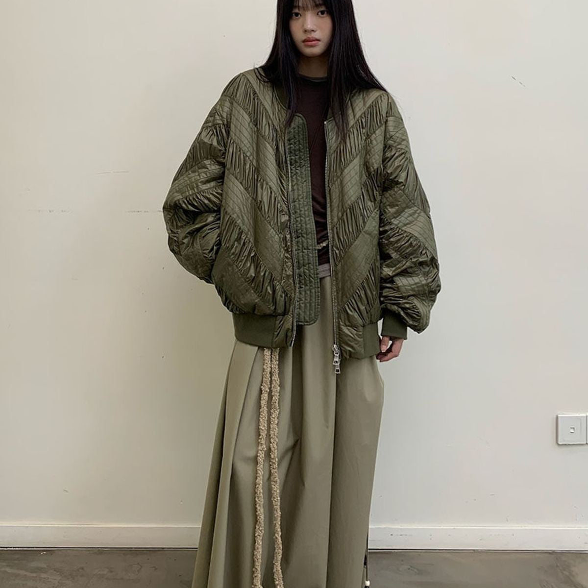 NeverSeez Handmade Pleated Bomber Jacket in Olive - On Female Model