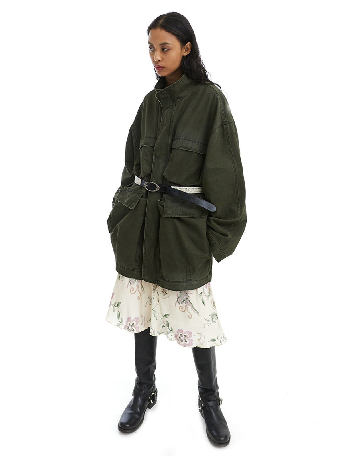 NeverSeez Distressed Cotton Barn Jacket in Green - On Female Model