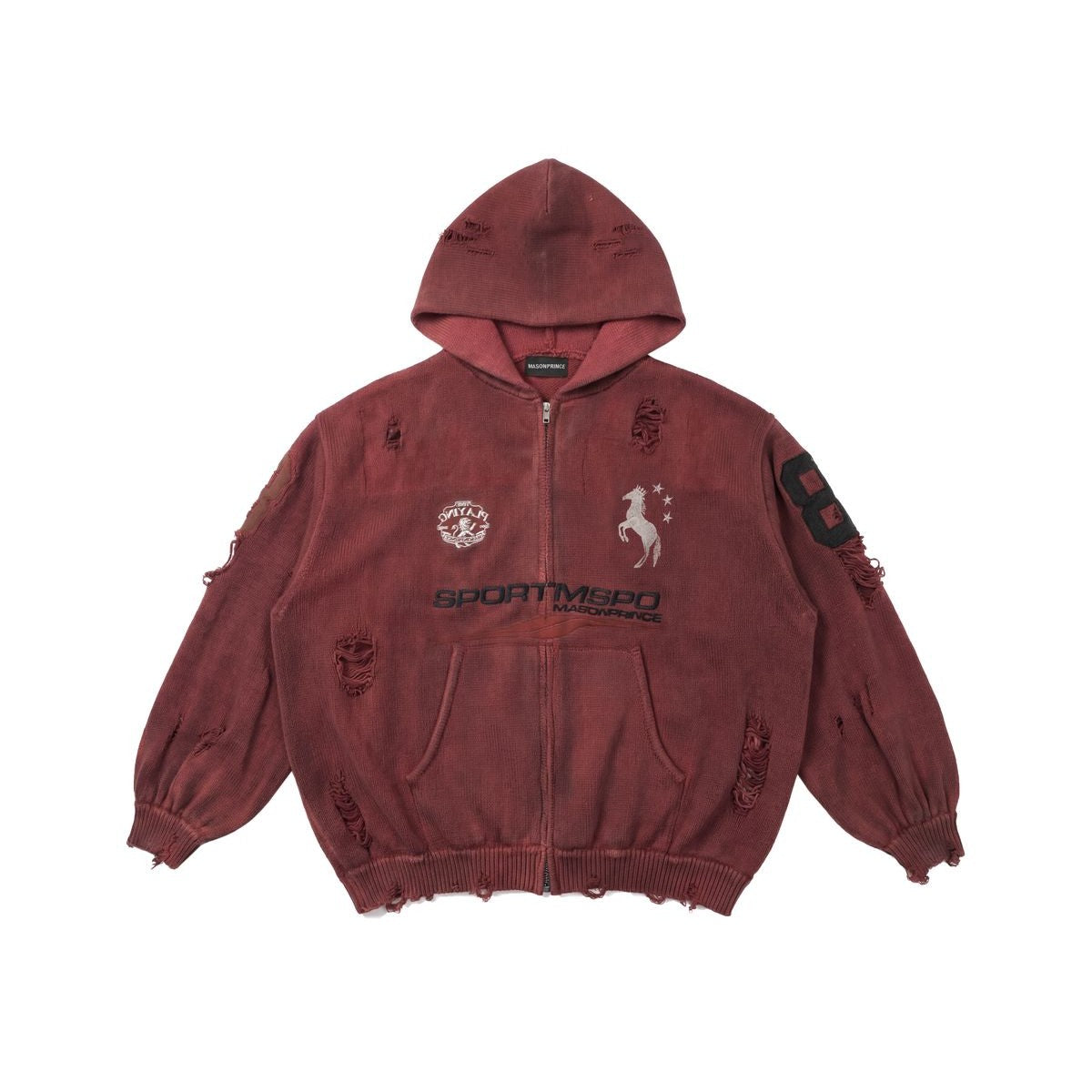 MasonPrince Distressed Horse Graphic Zip Hoodie in Burgundy