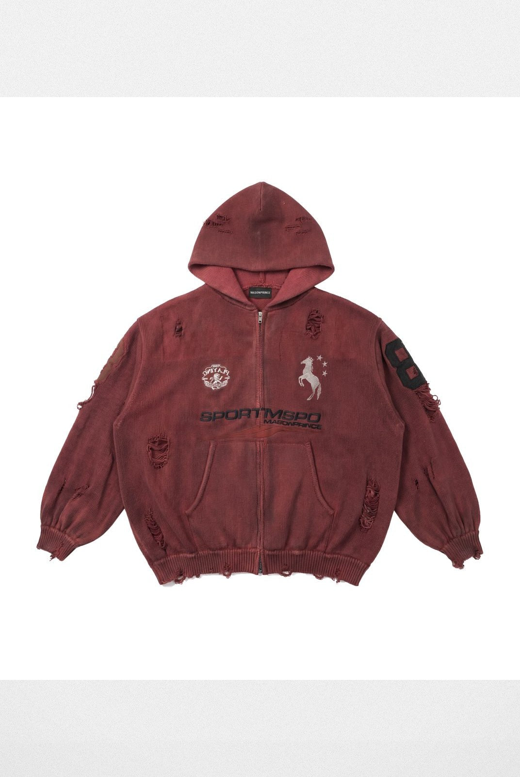 MasonPrince Distressed Horse Graphic Zip Hoodie in Burgundy #color_burgundy