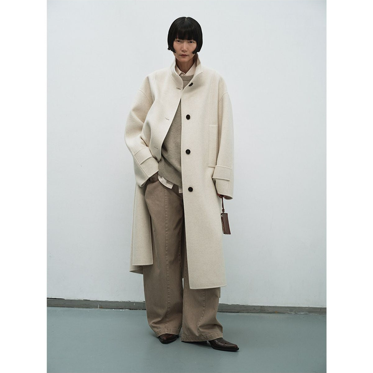 RandomPiece Wool Camel Hair Stand Collar Coat in White - On Model