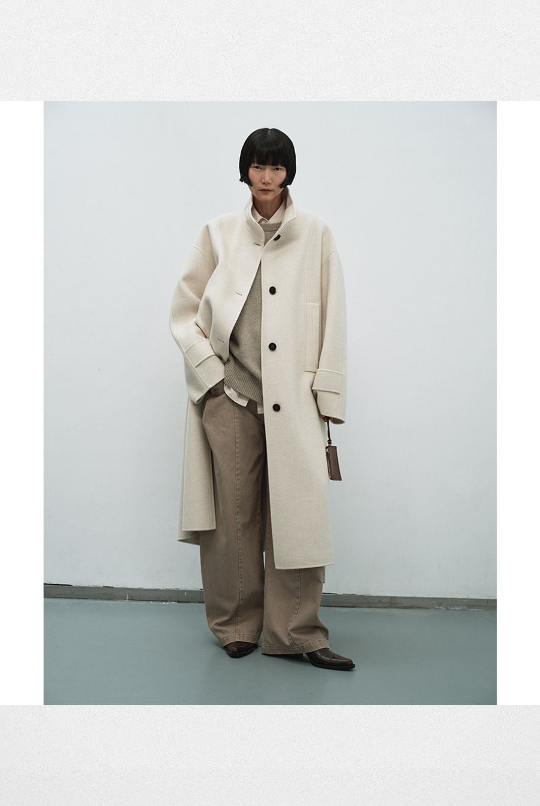 RandomPiece Wool Camel Hair Stand Collar Coat in White - On Model