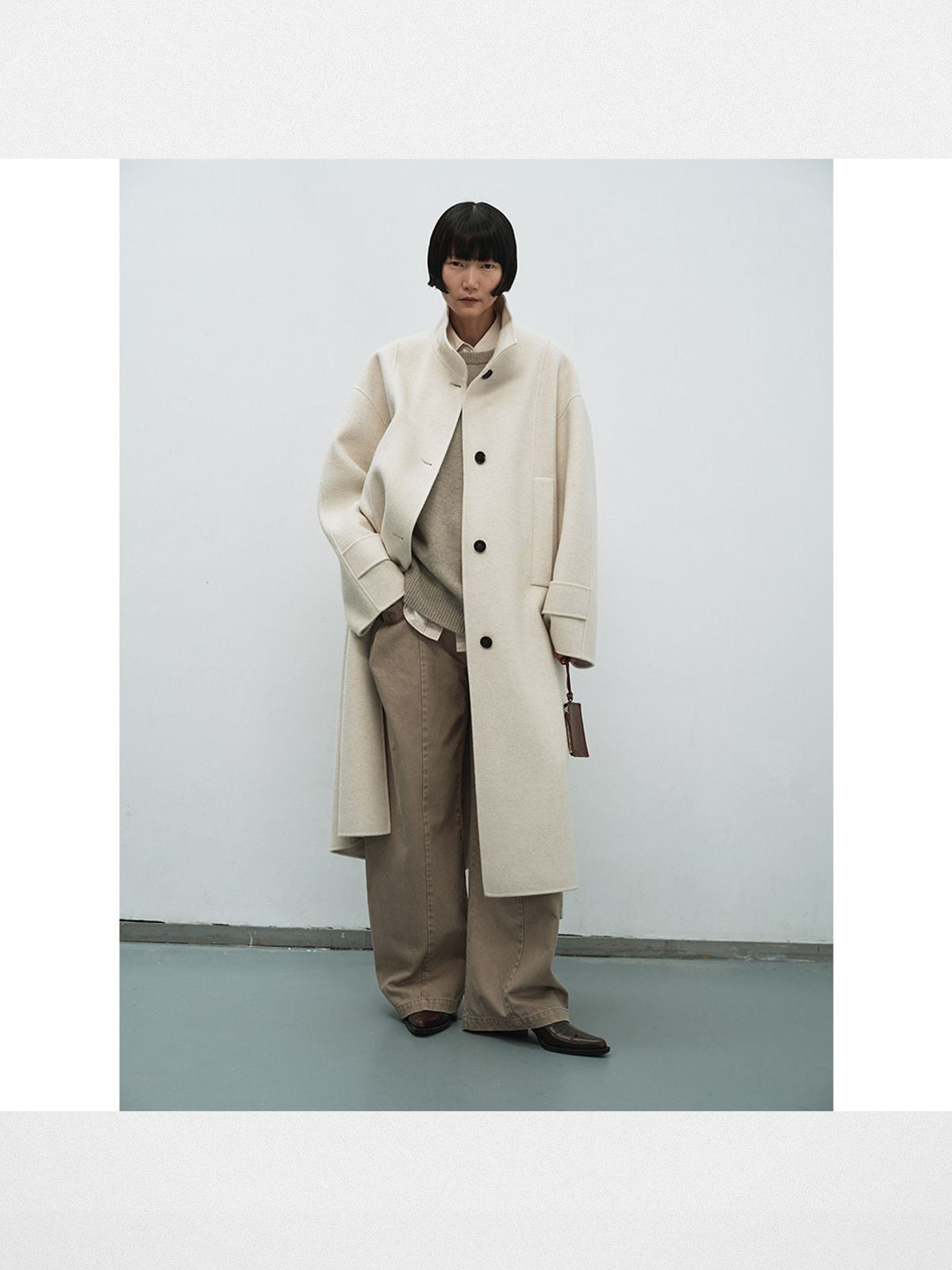 RandomPiece Wool Camel Hair Stand Collar Coat in White - On Model