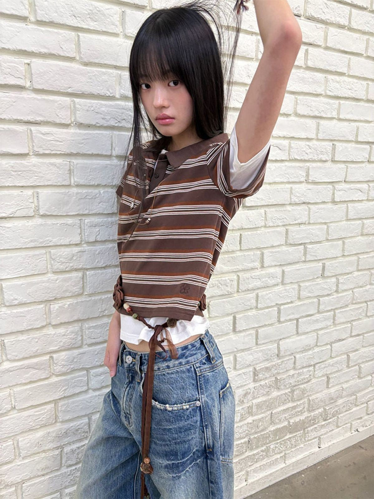 NeverSeez Striped Drawstring Cropped Polo in Brown - On Model