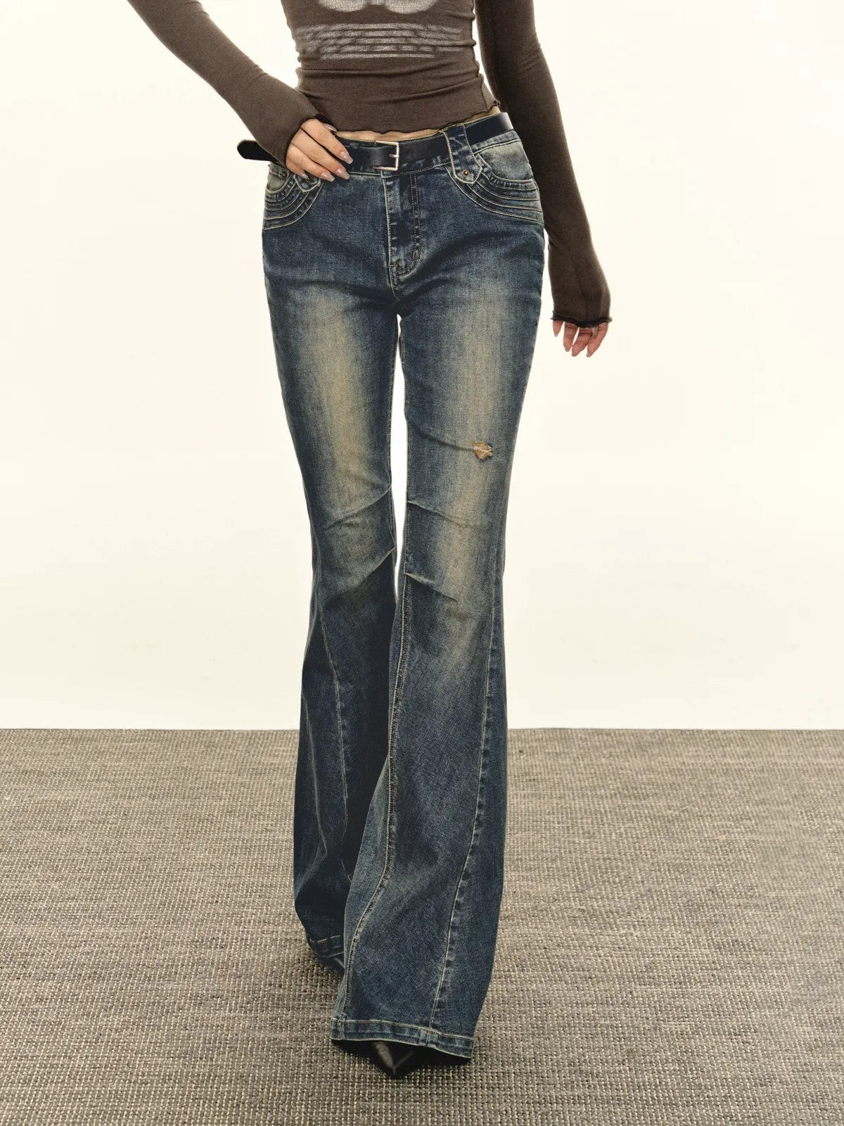 ARISEISM Distressed Micro Flare Jeans in Blue