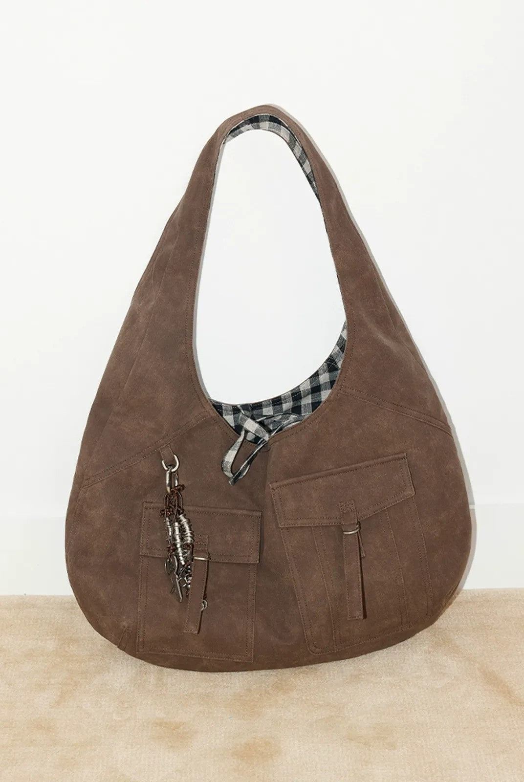 PUKI Reversible Faux Suede Plaid Hobo in Brown