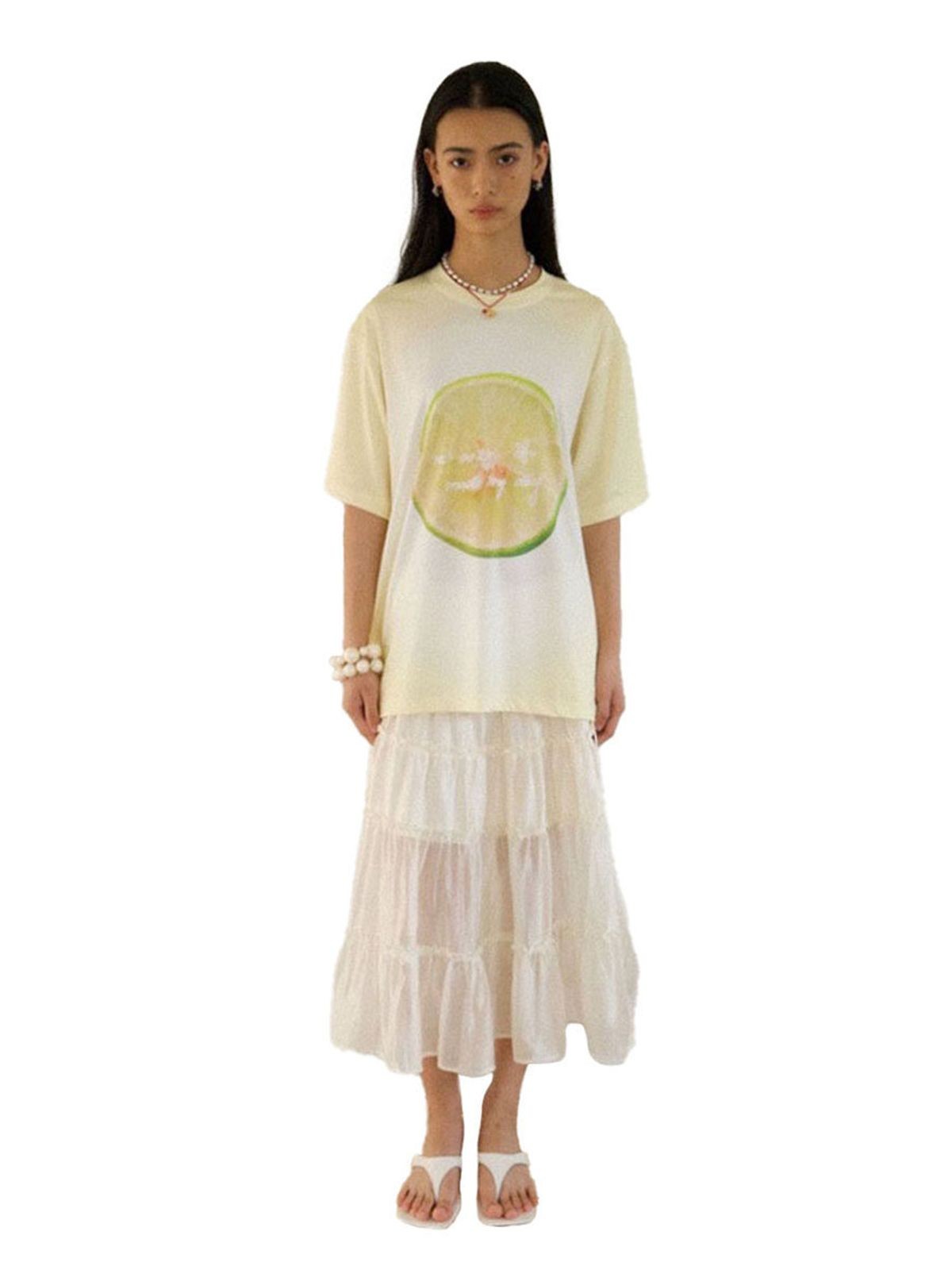 NeverSeez Gradient Fruit Print Quick Dry Tee in Yellow - On Female Model