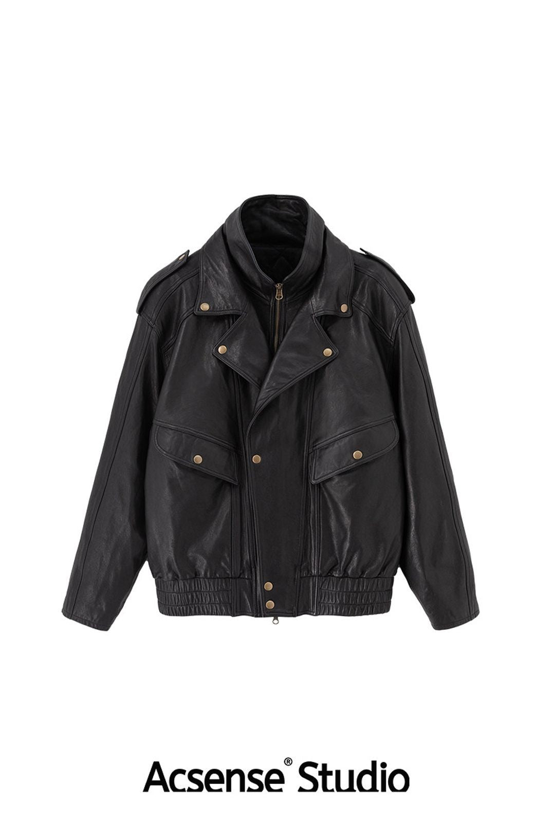 ACSENSE STUDIO Vintage Style Sheepskin Leather Jacket in Black