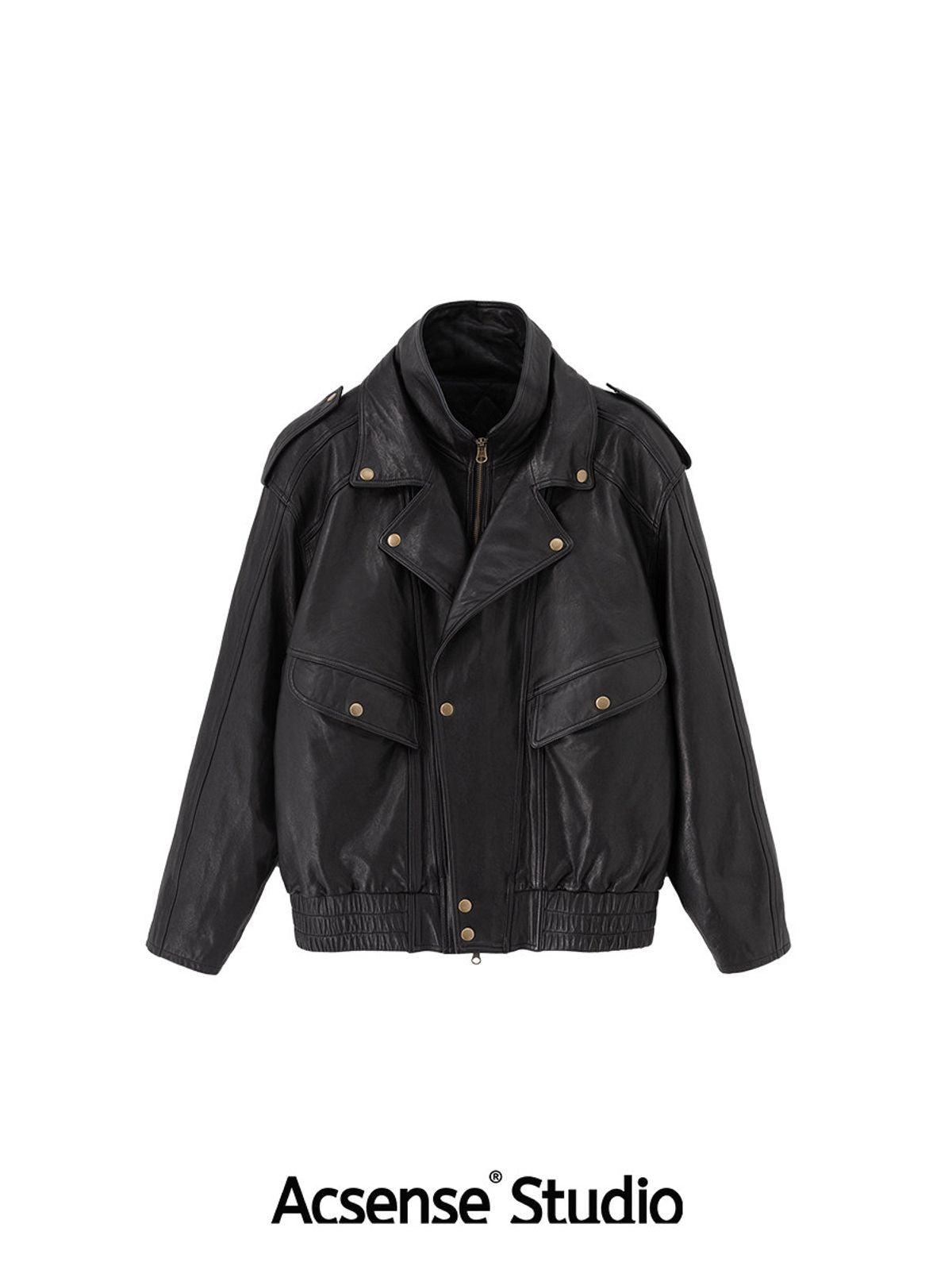 ACSENSE STUDIO Vintage Style Sheepskin Leather Jacket in Black