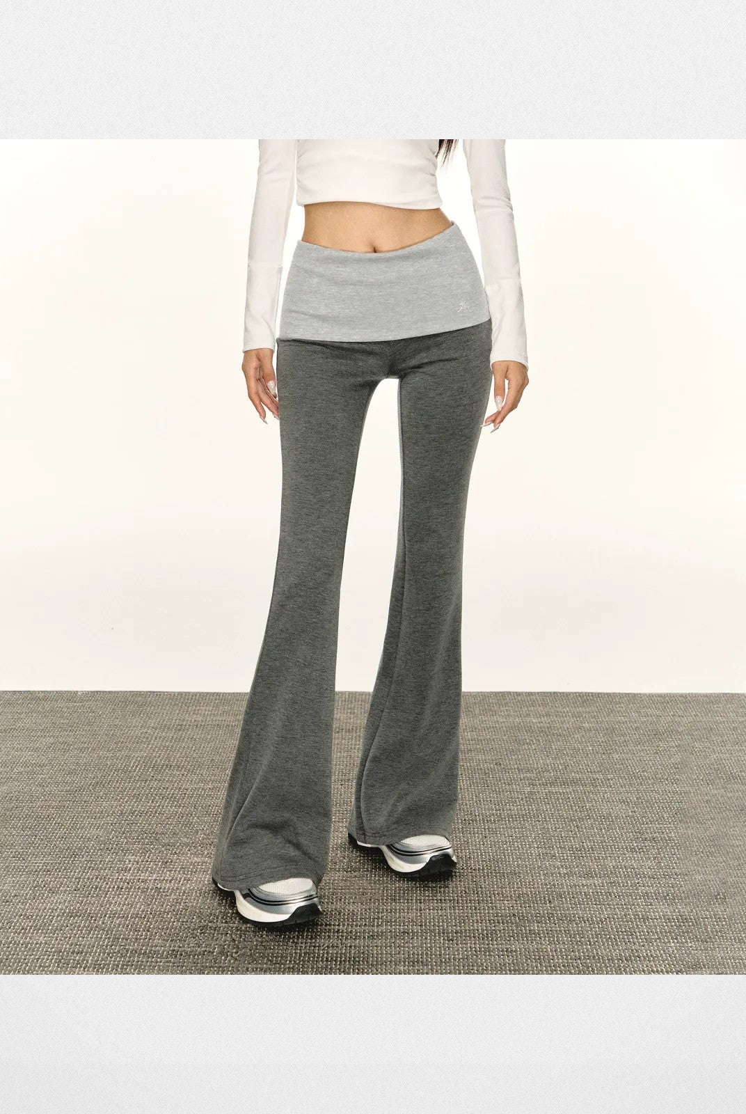 Ariseism Fold Over Waist Micro Flare Pants in Gray - On Model