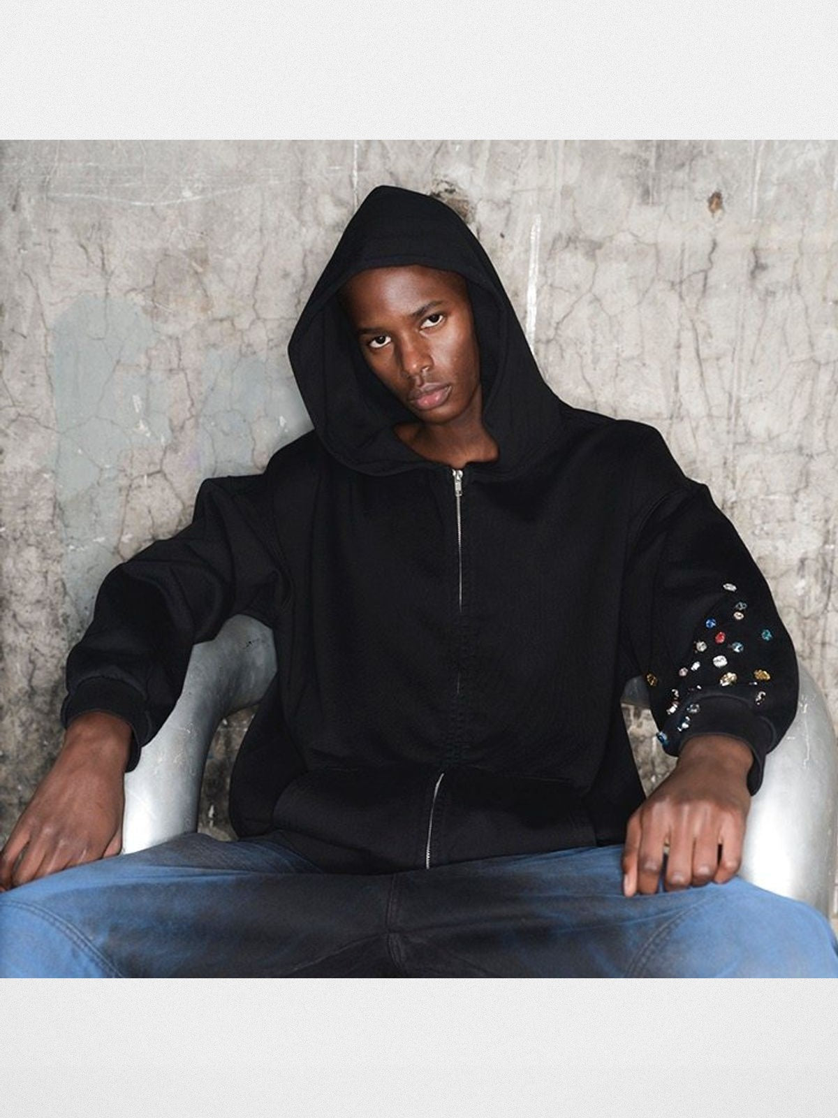 TRIANGLE PROJECT Gemstone Embellished Zip Hoodie in Black - On Model