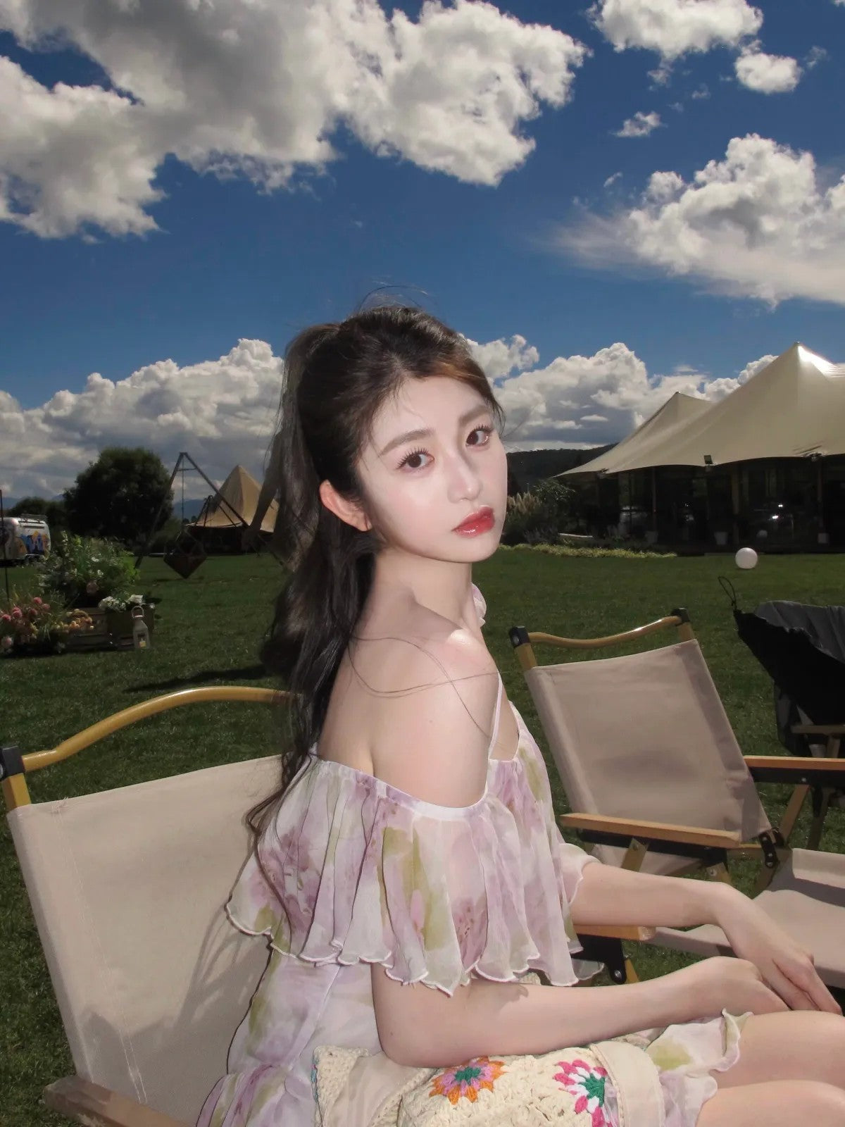 1S Studio Asymmetric Floral Ruffle Dress in Purple - On Model