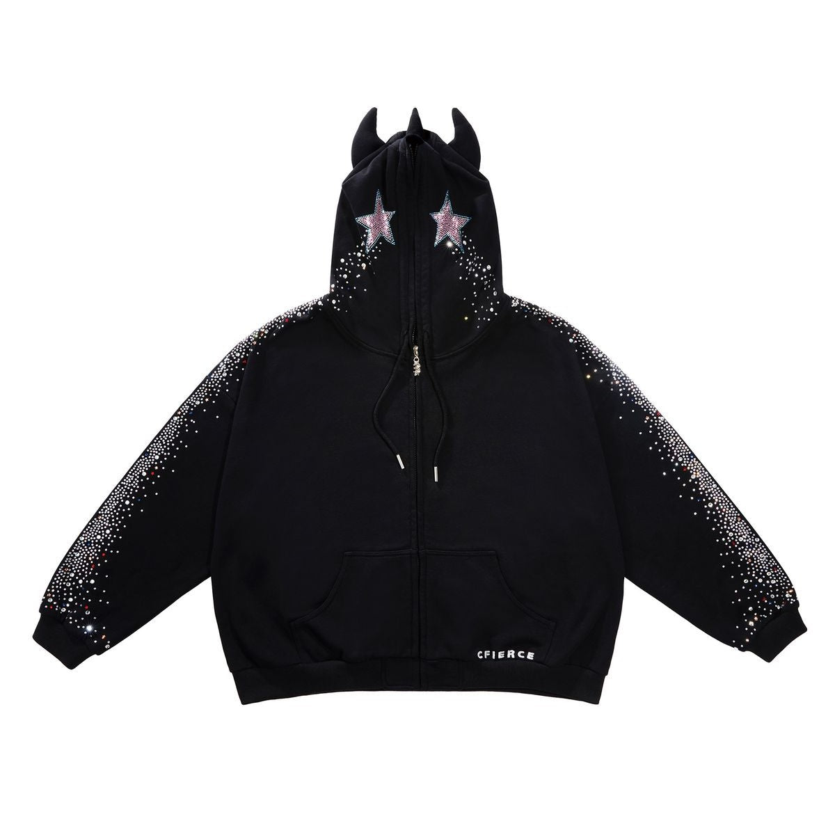 CFIERCE Crying Unicorn Rhinestone Hoodie in Black