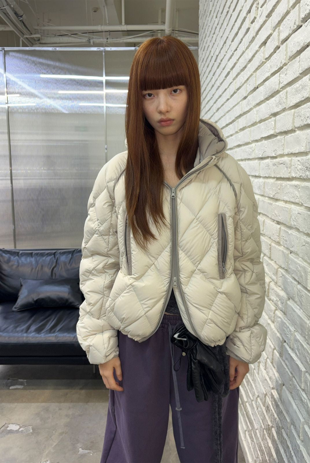 NeverSeez Diamond Quilted Down Puffer in Off-White - On Model