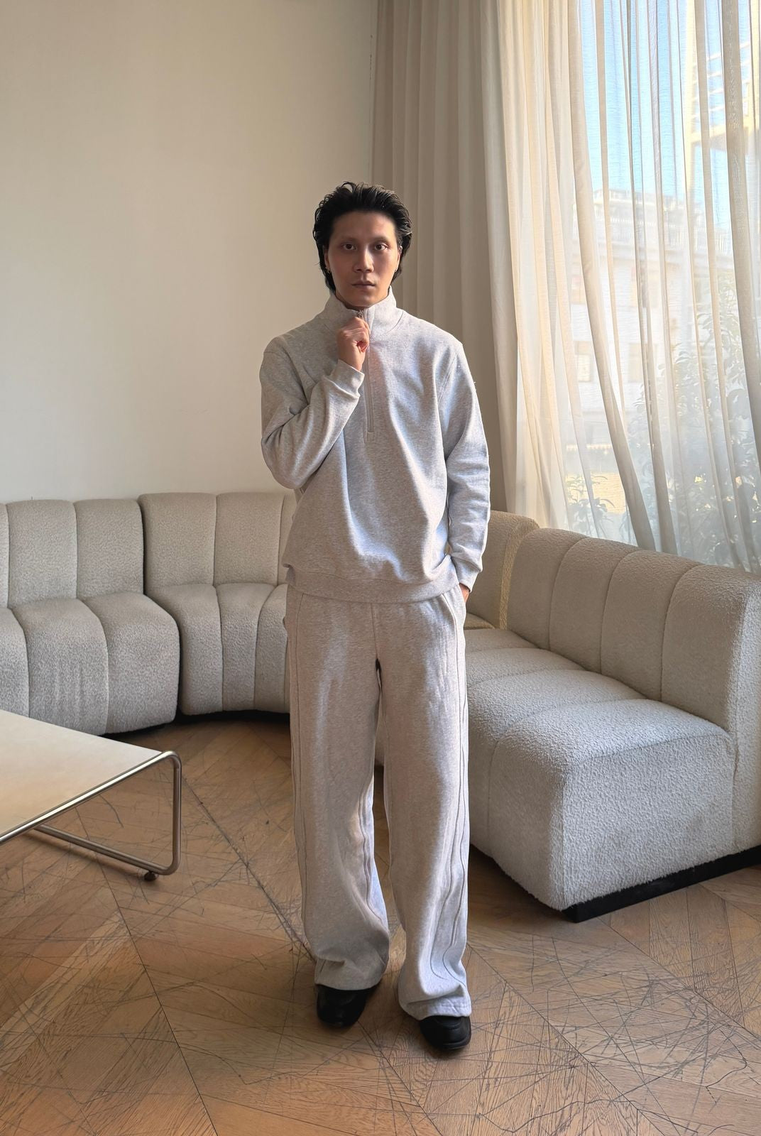 TRIANGLE PROJECT Brushed Cotton Wide Leg Sweatpants in Gray - On Model