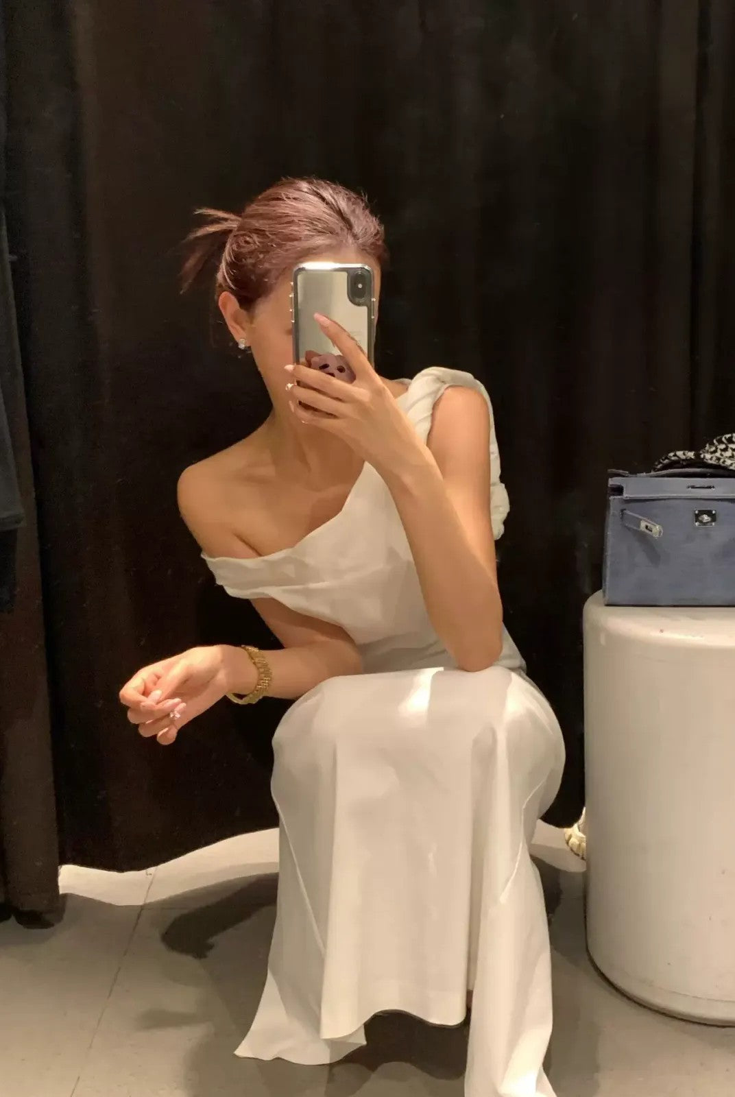 1S STUDIO Twisted Knot Off Shoulder Dress in White - On Model