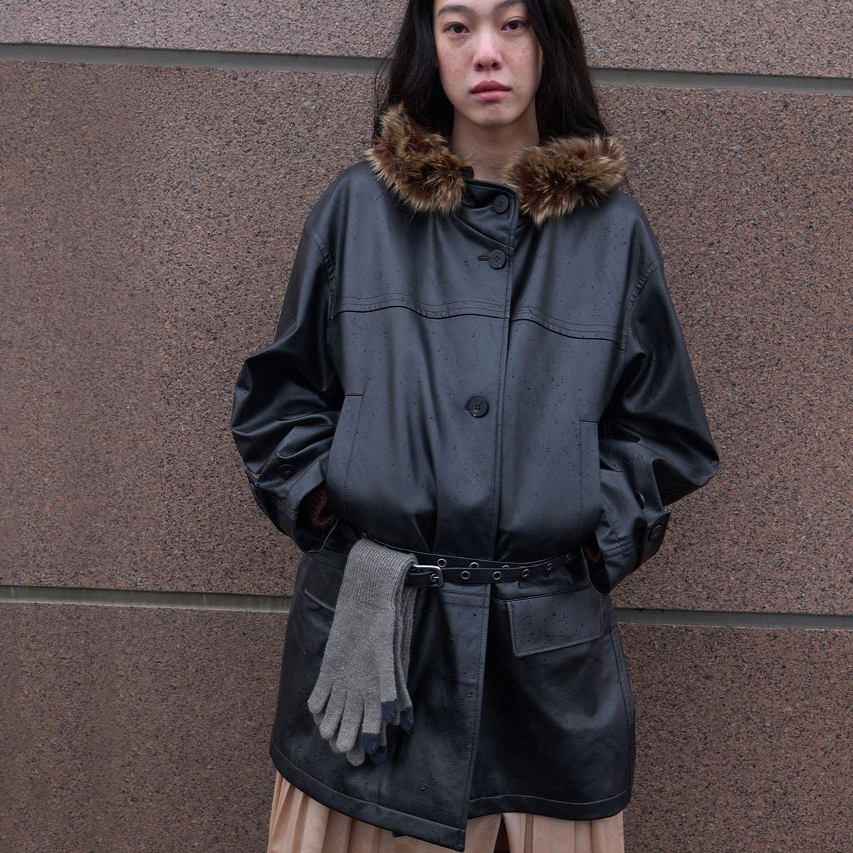 RandomPiece Wool Lined Distressed PU Coat in Black - On Female Model