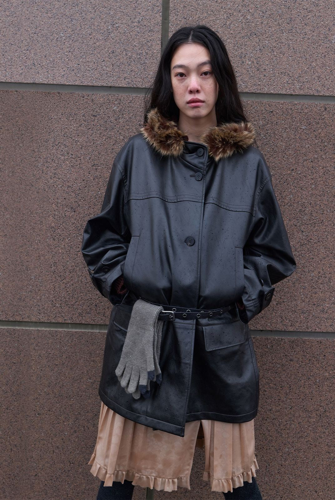 RandomPiece Wool Lined Distressed PU Coat in Black - On Female Model