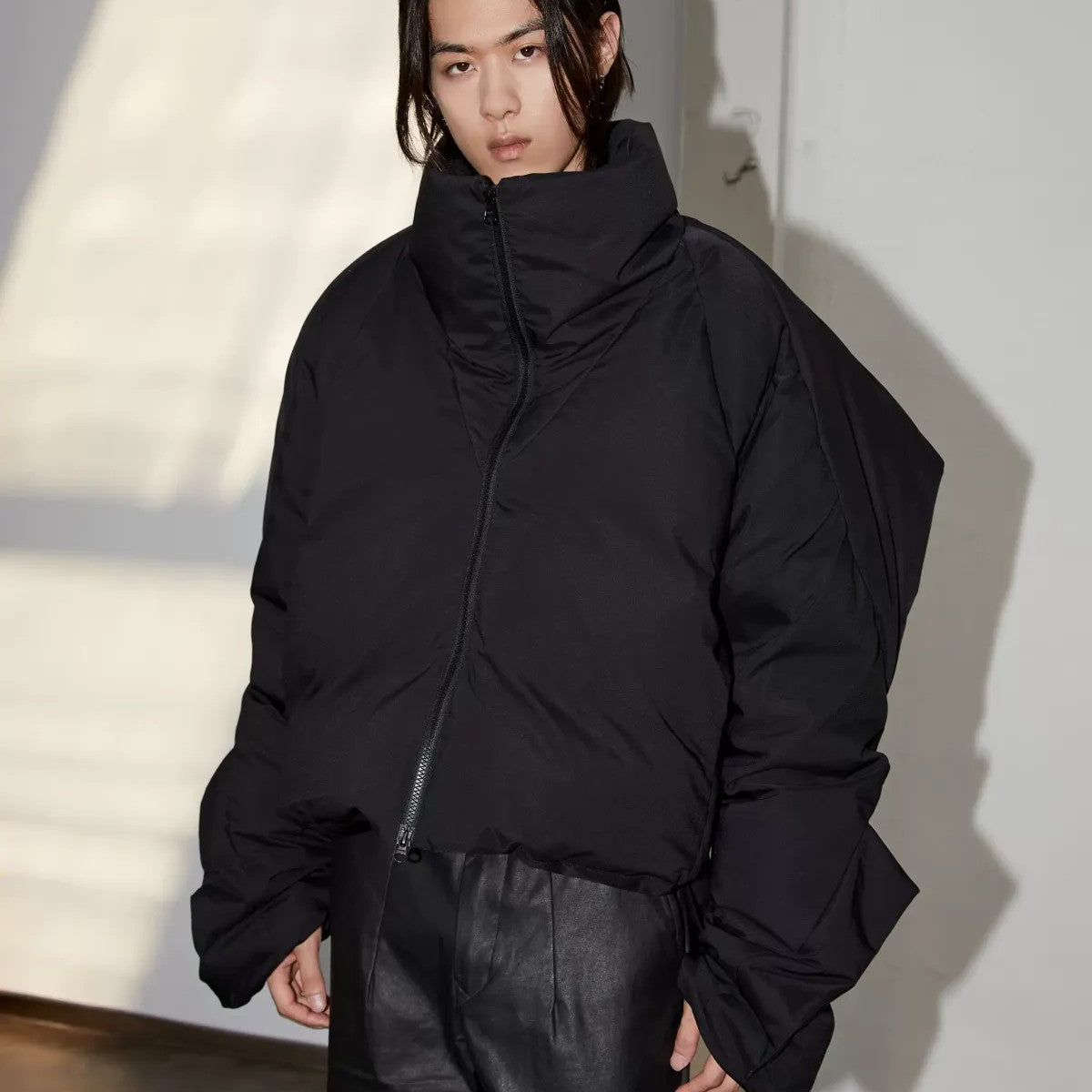 Y OFFICIAL Batwing Sleeve Down Puffer in Black - On Model